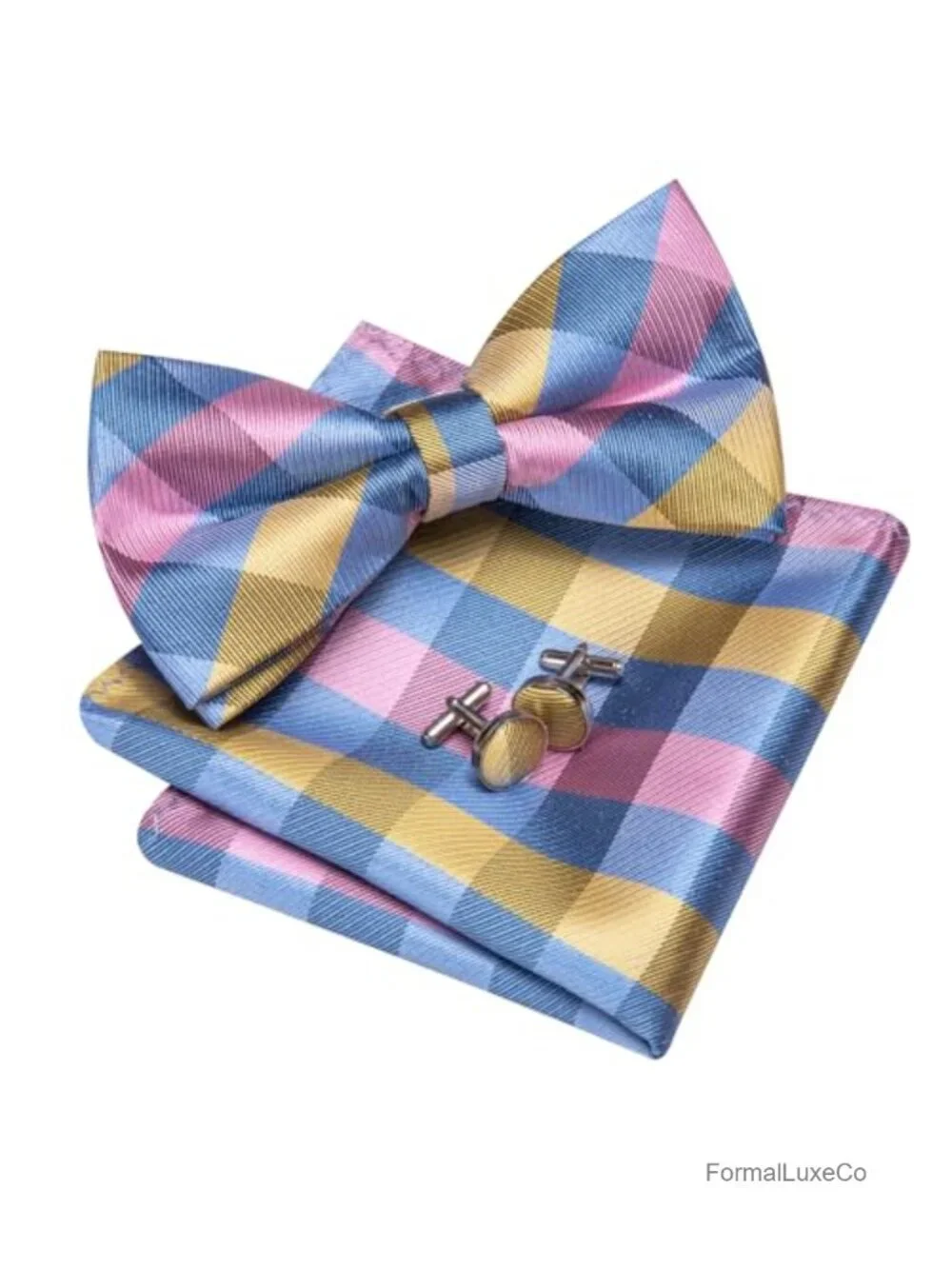 Pre-Tied Silk Bow Tie Set with Pocket Square and Cufflinks for Men